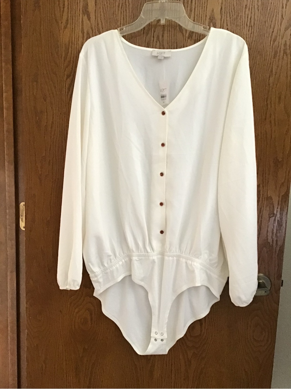 LOFT White V-Neck Button-Front Long Sleeve Bodysuit NWT